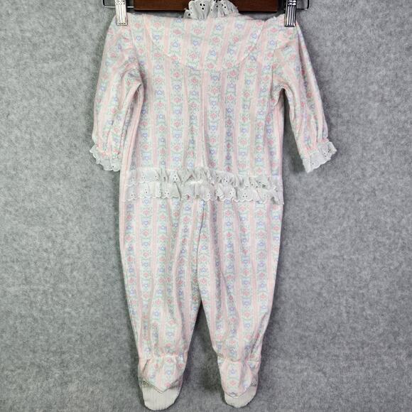 Lanz of Salzburg Flannel Zip Sleeper Pajamas Baby 12 mos Floral Ruffles Pink - Picture 9 of 11